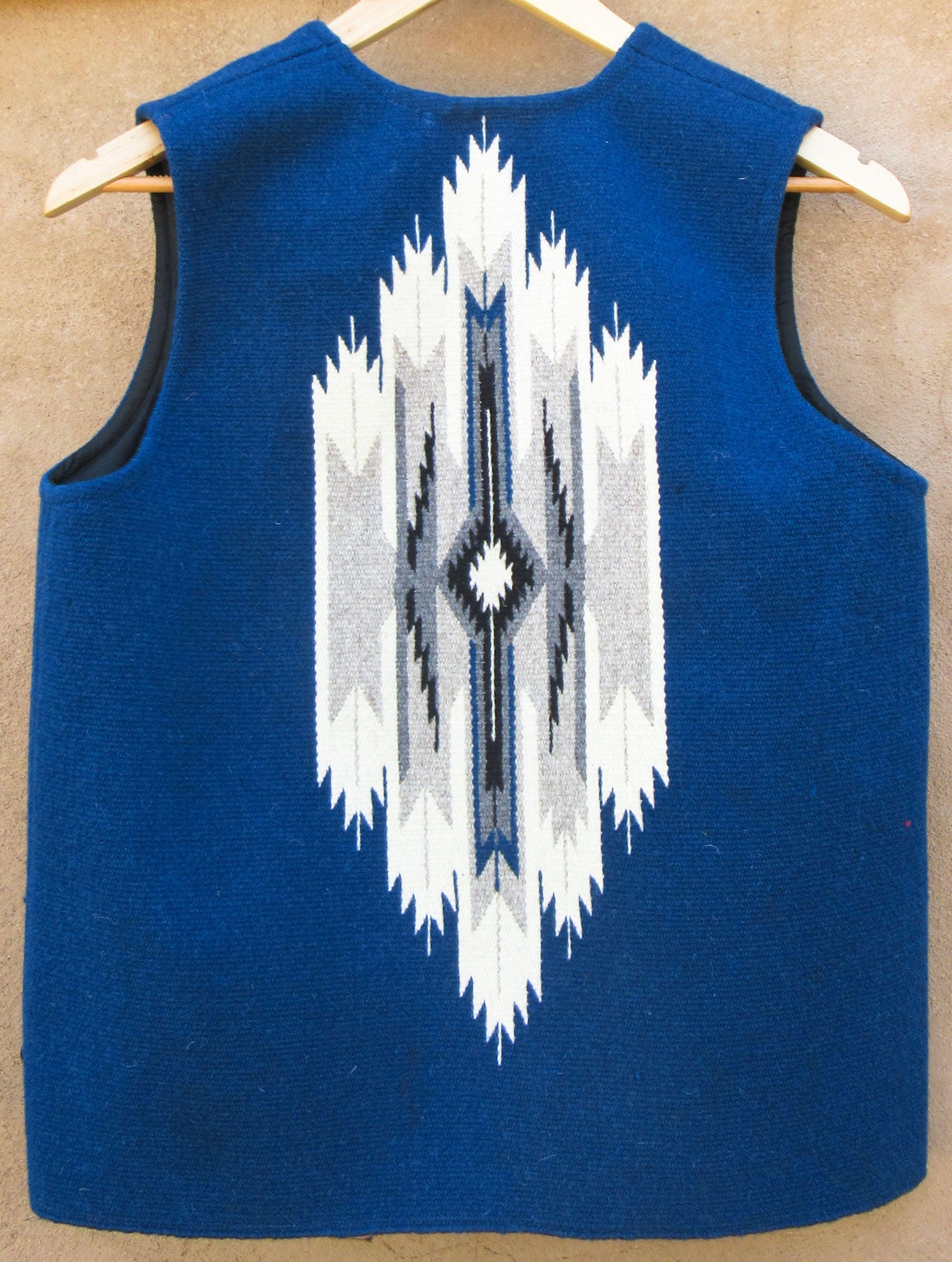 Chimayo style vest handwoven wool using commercial dyed
