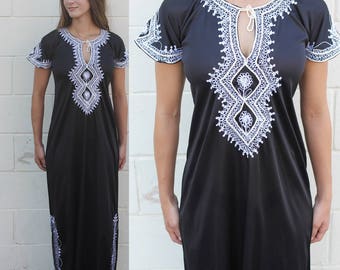 Vintage 70s Caftan Dress, Maxi Dress, Black Caftan, Embroidered Caftan