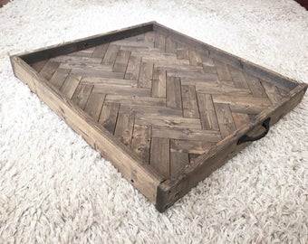 Oversized ottoman tray, herringbone tray, wooden serving tray, coffee table tray, farmhouse decor