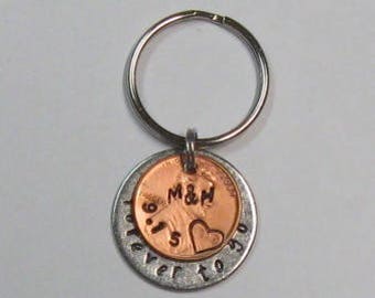 1 year anniversary key chain, hand stamped penny and stainless steel, wedding anniversary, gift for her, husband wife, 1st year anniversary