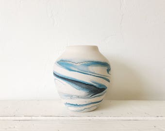 Vintage Nemadji Pottery Vase / Blue Marbled