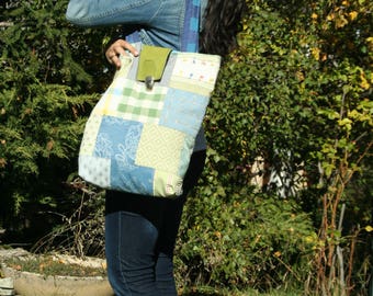 patchwork blue and green fabric tote bag-