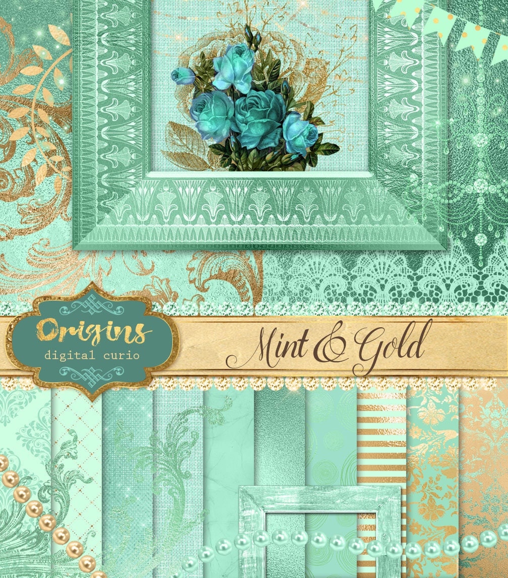 Mint and Gold Digital Scrapbooking Kit clipart digital