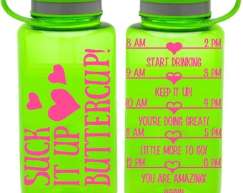 Suck it up Buttercup! Water bottle by Limboea - funny gym bottle with hourly tracker BPA free 38 Oz large workout water bottle motivational