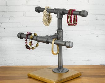 2-Tier Idustrial Pipe Jewelry Display Rack - Cedar Wood Base
