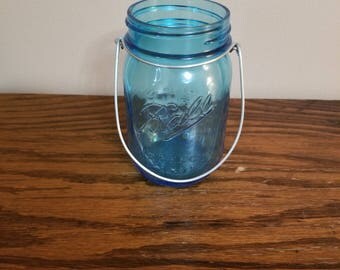 Blue Mason Canning Jar with Handle - Wedding Mason Jar Flower Mason Jar Home Decor Pint Size Regular Mouth