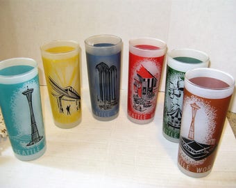 Vintage 1962 Seattle World's Fair Glasses, 6 glassed in 50's Black wire Mid Century Holder