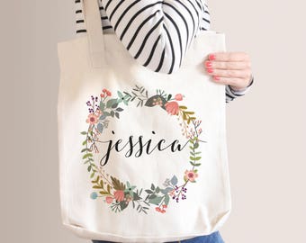 Personalized Floral Tote Bag | Bridesmaid Tote Bag | Bridesmaid Gift | Floral Round Wreath | Custom Name Canvas Tote Bag | Sister Gift