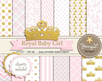 50% OFF Crown Digital papers and Clipart, Royal Princess Girl Baby Shower, Birthday Pink and Gold Birth Announcement, Scrapbooking Paper Par