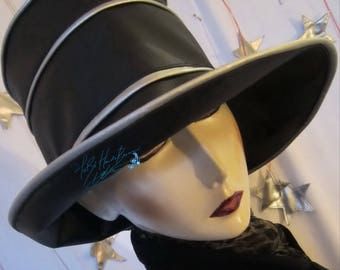 chapeau de pluie unisexe, simili-cuir ébène noir et gris argent métal, saisons pluie automne hiver, en ville et campagne, voyage vacances