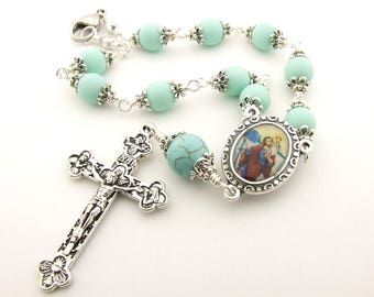 Car Rosary - Saint Christopher Patron Saint of Travelers Auto Rosary One Decade Pocket Rosary Unbreakable Mint Green Rosary - Catholic Gift