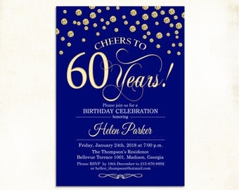 60th Birthday Invitation. Any Age. Cheers to 60 Years. Gold