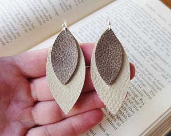 Leather Earrings, Taupe and Tan Leather Dangle Earrings, Leather Shape Earrings, Football Shape Earrings, Art Earrings, Boho, Indie