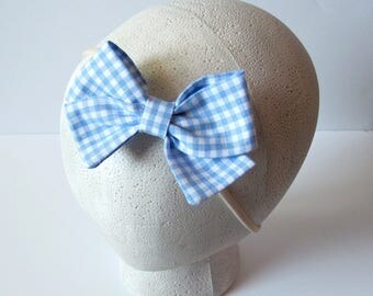 Girly Bow || Blue Gingham Folded Fabric Bow || Nylon Headband or Clip || Girls, Toddler, Baby, Newborn