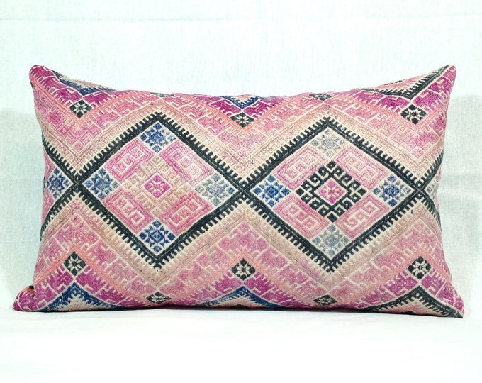 20% OFF SALE 12"x20" Vintage Chinese Wedding Blanket Long Lumbar Pillow Cover/ Boho Ethnic Dowry Textile/ Handwoven Cotton Silk Cushion
