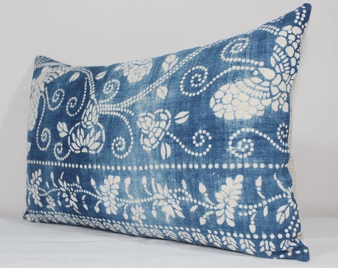 12"x20" Vintage Indigo Batik Pillows, Old Chinese HMONG Batik Fabric Pillow Case, Ethnic Textile Cushion Cover