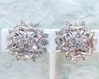 Vintage clip on earrings silver tone clear rhinestones AB805