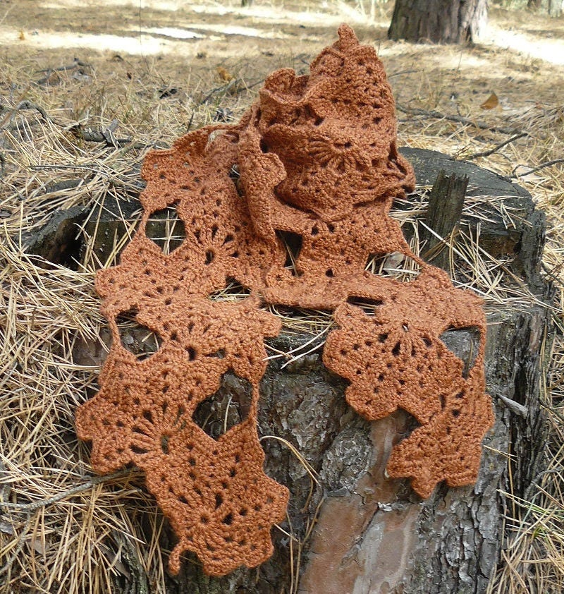 Leaves scarf crochet accessories Brown knit gift ideas for her