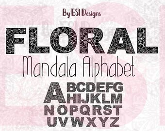 Alphabet Mandala svg, Floral, Monogram svg, Cutting files, SVG, DXF, EPS, Png, for use in Silhouette Studio and Cricut Explore.