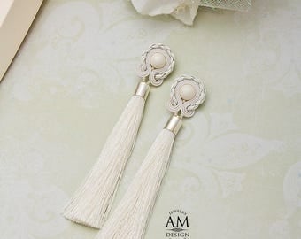 Wedding Earrings White Tassel Earrings Bridal Earrings Pearl Cream Earrings For Bride Soutache Earrings