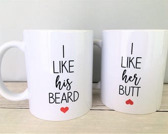 I like his beard and I like her butt mugs, Couples Mug Set, Couple's Mugs, Wedding Mugs, Wedding Gift, Couple's Gift, Mug Set