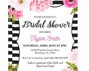Black Stripe Bridal Invitation Digital File: "BLACK STRIPE INVITATION" with watercolor flower accents for kate spade baby/bridal shower