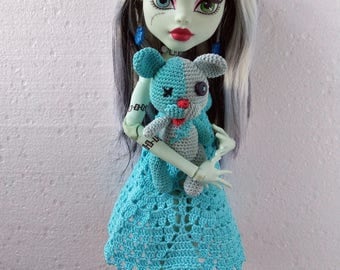 17 inch Monster High doll clothes. Cyan Crochet Dress + Handmade Doll Shoes + Crochet Toy Bear for extra tall size MH dolls (17 '', 43 cm)