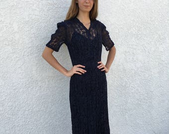 1940s Navy Blue Lace Dress