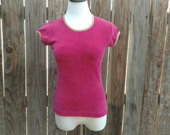 Vintage 70's Women's Knit Shirt Disco Pink Gold Velour Velvet Claiborne Medium