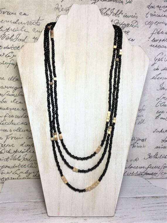 Black Seed Bead Multi Strand Necklace Black Necklace