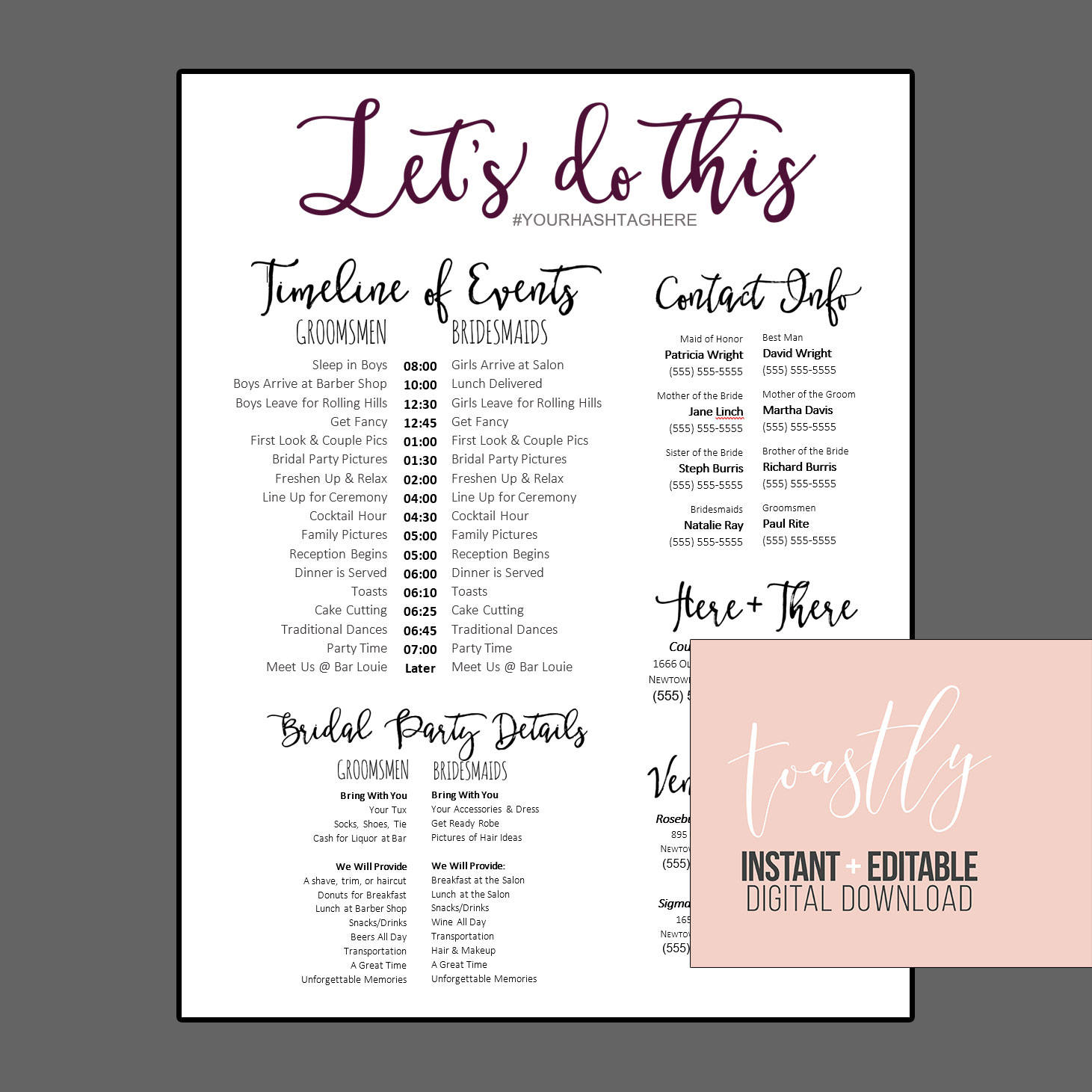 Editable Wedding Timeline Edit in Word Cute Wedding Day