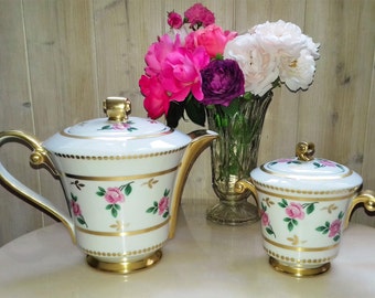 Antique French teapot and sugar bowl art deco Limoges porcelain BLT Unique France, orgy Lemaitre freres and l Blancher, Limoges