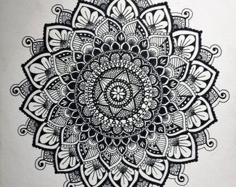 Mandala Illustration Tattoo Art Pen and Ink Drawing 5x7