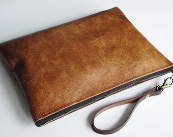 Leather zipper clutch, leather clutch bag, brown leather clutch, 3 colors, leather zipper pouch
