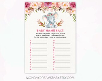 Elephant Baby Shower Games Baby Name Race Printable Baby Shower Game Elephant Floral, Boho Floral, Elephant Boho, Baby Girl Theme BBS001
