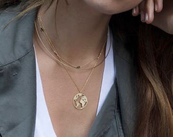 World map necklace, Globetrotter necklace, Gold map necklace, World necklace, map necklace, Medal necklace, Dainty necklace, Silver necklace