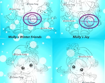Digital Stamp, Digi Stamp, digistamp, 4 images Molly Winter Bundle Conie Fong, Christmas, Winter, snowman, Joy, coloring page, children