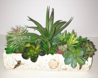 Artificial Succulent Arrangement in Faux Birch Log, Tabletop Planter, Faux Succulent Planter, Centerpiece, Succulent Garden, Succulent Gift