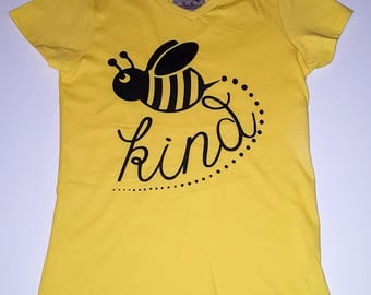 Bee Kind, Bumble Bee, Little Girls Fine Jersey V-Neck T-shirt in Sizes XS-Xl in 14 Colors