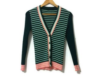 1970s Stripe Green + Pink Stretchy Knit Cardigan XS-S