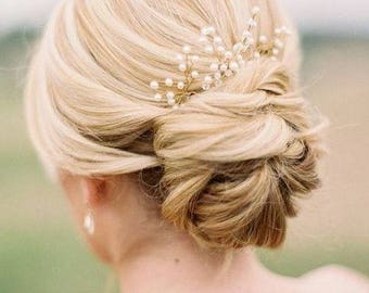 Set of 3 Gold Pearl Hair Pin Bridal hair pin Gold hair pin Branch hair pin Baby's Breath Hair Pieces Pearl Hair Pins Beaded Hair pins