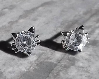 Cute CZ Diamond Crystal Cat Studs 925 Sterling Silver Stud Earrings Womens Girls Kitten Cat Animal Pet Lover Jewelry Jewellery Birthday Gift