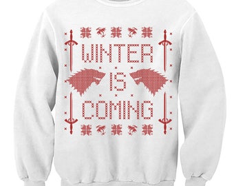 Christmas Sweater. Winter Is Coming. Game of Thrones Fan Sweatshirt. Jumper. Pulower. Wolf. Sword. Winterfell. Ugly Sweater. Party. Contest.