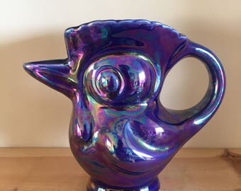 Kitsch Vintage Blue Lustreware Iridescent Woodpecker Jug Pitcher