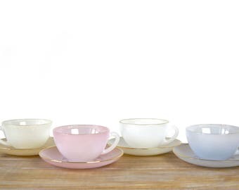 Vintage Opaline ARCOPAL coffee cups saucers- Pearl white, pink, blue, gold coffee cups - French Opalescent Tea Cups - Pearly Milk Glass Cups