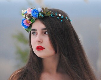 Blue pink flower crown Wedding flower crown Flower halo Bridal floral crown Bridal headpiece Flower hair wreath Floral crown Rustic wedding