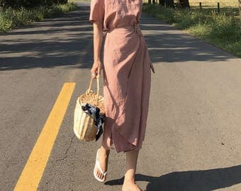 2Colors organic wrap summer dress - Wrap Linen Dress-Natural Linen Dress- Linen Kimono Dress with belt-Summer Dress-Long Linen Dress