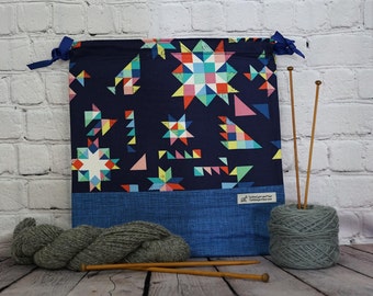 Quilt print bag, Knitting project Bag, Crochet Bag, Yarn Bag, Project Bag, Sock knitting bag, Drawstring project bag