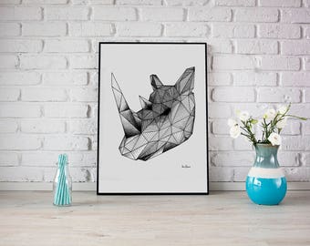 GEOMETRIC RHINO PRINT - Wall art illustration print. Geometric animal illustration. Decoration wall art. Hand drawing rhino