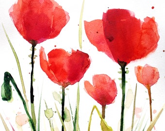 Original watercolor painting - Red poppies #1 - Abstract floral painting - Floral painting - Poppy watercolour - deep red - flower painting